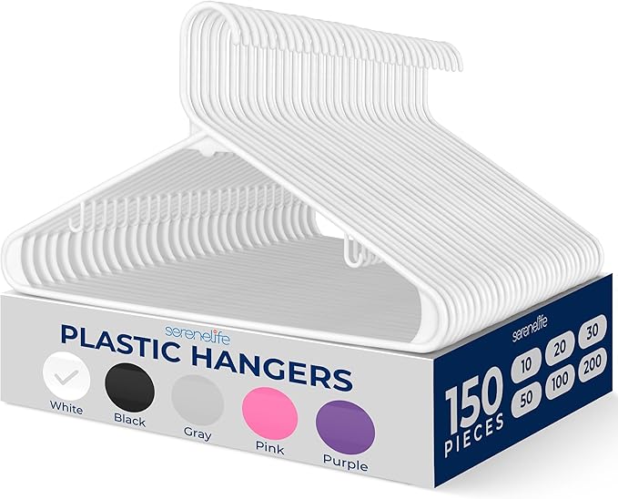 White Standard Plastic Hangers, Mega Pack,150 Pieces Hangers for Clothes, Durable Tubular Hanger Slip Design Cloth Hanger Set with 2 Integrated Strap Hook Design