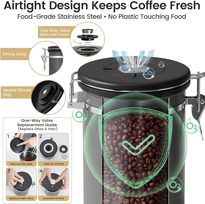 Veken Coffee Canister with Window,Airtight Stainless Steel Kitchen Food Storage Container, Date Tracker & Scoop for Grounds Coffee, Beans, Tea, Flour, Cereal,Sugar,22OZ,Grey