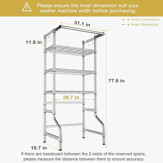 Ulif U11 Medium Over Washer and Dryer Shelves, 3 Tiers Laundry Room Storage and Organizer Standing Shelf, Metal Freestanding Clothes Drying Rack, 31.1" W x 19.7" D x 77.6" H, Chrome