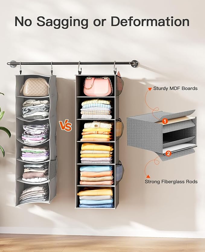 Pipishell Hanging Closet Organizer 6-Shelf, Hanging Shelves for Closet with 3 Removable Drawers & Side Pockets for Bedroom, Garment Rack and Wardrobe Organization, 12' x 12' x 43.3', Dark Gray