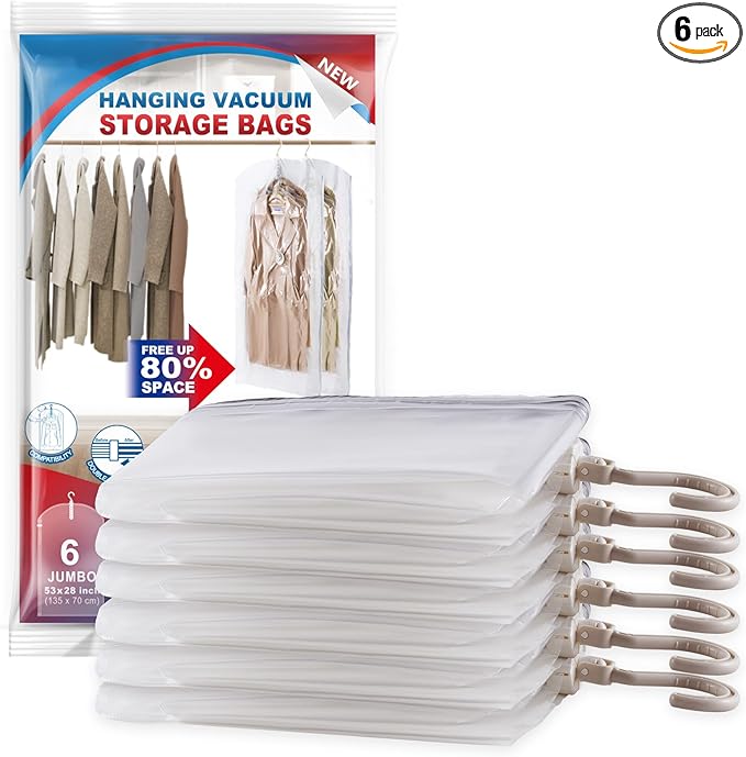 Hanging Vacuum Storage Bags, 6 Pack Large Hanging Vacuum Seal Garment Bags for Clothing, Space Saver for Clothes, Suits, Dresses, Jackets, Clothing Storage for Moving Supplies(53.1x27.6 in)