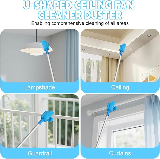 Eunice 13-49.7 Inches Ceiling Fan Duster with Extension Pole, U-Shape and Coral Fleece Heads Adjustable and Removable Fan Cleaner Blade for High Ceiling, Window Door Furniture (Blue)