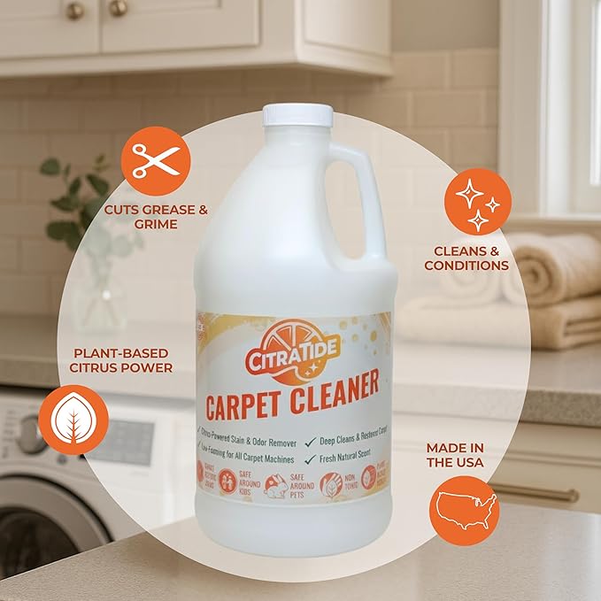 Carpet Cleaner Concentrate + Free Scouring brush – USA Made Enzymatic Citrus Formula for Carpets, Rugs & Upholstery – Eco-Friendly Pet Safe Deep Cleaner