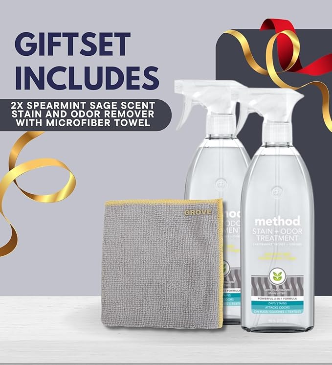 Spearmint Sage Scent Stain and Odor Remover Spray 20 oz Bundle with Microfiber Cloth - Plant-Based Stain Lifters & Odor Fighters for Carpets, Upholstery & More - (3 Items)