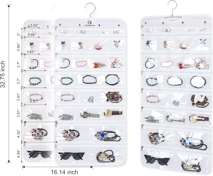Hanging Jewelry Organizer with 50 Transparent Pockets, 360° Rotating Hanger & Secure Zipper Closure - Foldable Double Sided Jewelry Storage Bag for Earrings, Rings, Necklaces, Bracelets (White)