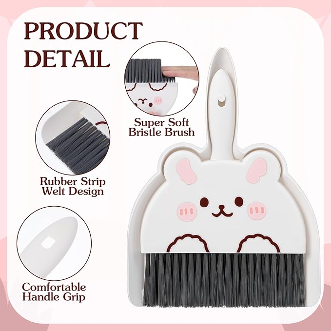 Ouligay Portable Mini Dustpan and Brush Set,Cute Small Broom and Dustpan Set with Durable Brush,Lightweight Dust Pan and Broom Set for Desktop Small Space Cleaning(White Rabbit)