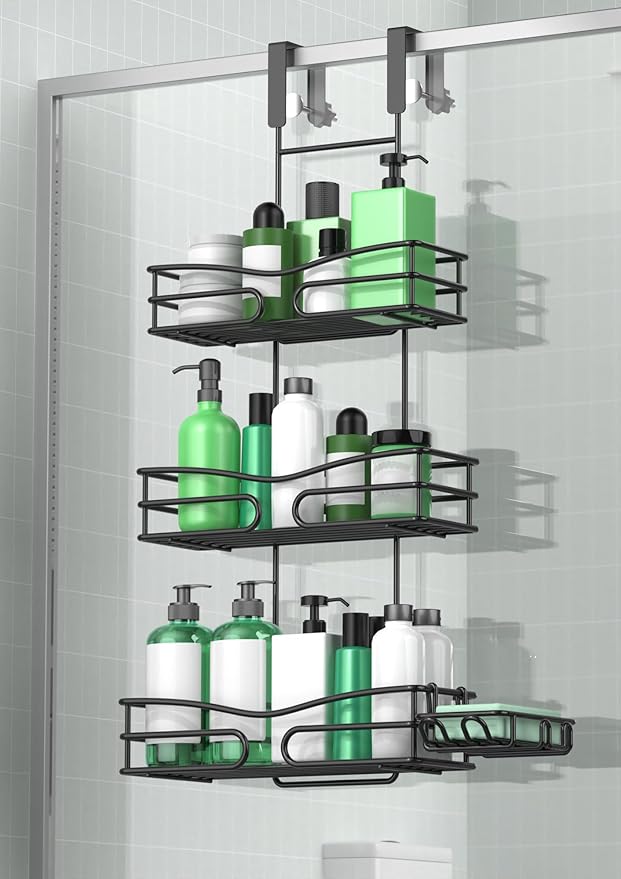 DAOYA Over the Door Shower Caddy Hanging, 3 Tier Adjustable Shower Organizer with Soap Holder, Rustproof Bathroom Shelves Hanging on the Bathroom Glass Door, Matte Black