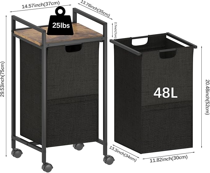 Laundry Hampers,Laundry Basket， Laundry Sorter with Top Shelf & Removable Washable Bags & Side Pockets for Laundry Room organization, Bathroom and Dorm, Rustic Brown and Black