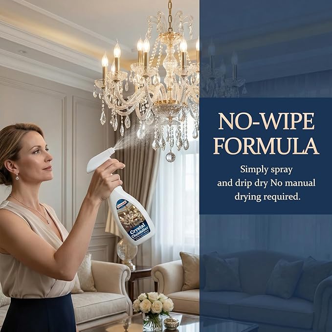 Crystal Chandelier Cleaner Spray, No-Wipe Drip Dry, Easy-to-Use Streak-Free Shine, Safe for Crystal Glass & Metal Fixtures, Ideal for High Ceiling Lighting (16.91 oz)