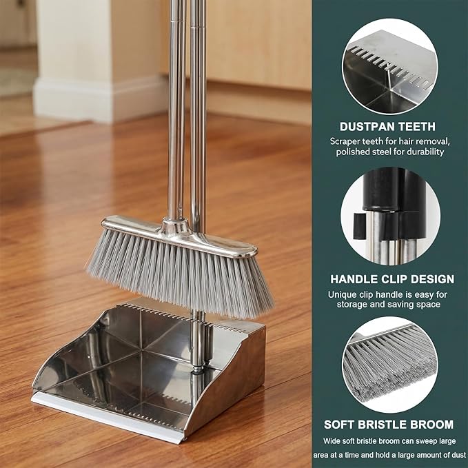 Metal Dustpan with Soft Bristles Broom Heavy Duty Stainless Steel Upright Standing Dust Pan and Broom for Sweeping Indoor Outdoor Home Kitchen Office Lobby Hardwood Floor Cleaning