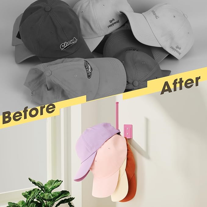 Durmmur 2 Pack Hat Racks for Baseball Caps, Stainless Steel Hat Organizer for Baseball Cap, Hat Holder Storage Organizer, Hat Hanger Strong Adhesive/Wall Drilled for Door, Bedroom, Closet(Pink 6 in)