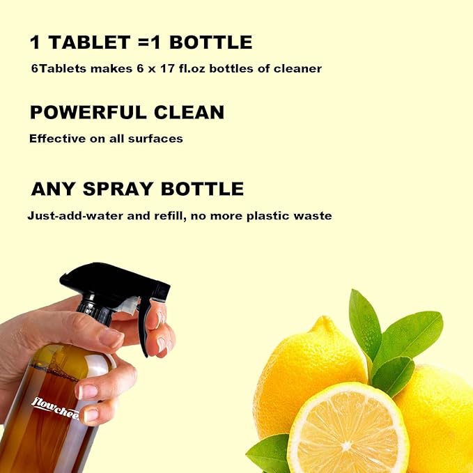 flowcheer Multi-Purpose Cleaner Starter Kit-Lemon Scent all purpose cleaner concentrate,cleaning tablets (6 Refill tablets) with Reusable Spray Bottle Multi-Surface Cleaner, 6x17fl oz