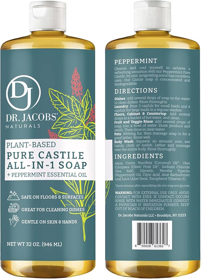 Dr. Jacobs Naturals Peppermint Castile All-in-One Cleaner and Soap - Plant-Based Formula for House Cleaning Floors and Appliances - Gentle on Skin and the Planet - 32 oz, 1 Pack