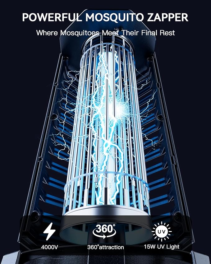 Minimoon Bug Zapper Outdoor 4000V Powerful Electric Mosquito Zapper, 15w Fly Trap Outdoor, IPX4, Corded Fly Zapper for Indoor, Yard, Backyard, Patio, Camping (Black with LED Lighting)