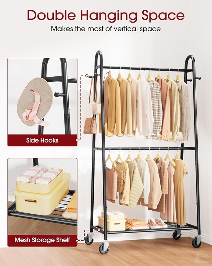 Sakugi Heavy Duty Clothes Rack, Metal Clothing Rack with Double Hanging Rods, 4 Hooks & Mesh Shelf, Freestanding Garment Rack with Triangular Design for Bedroom Closet, 36.5" x 16.9" x 72.8", Black