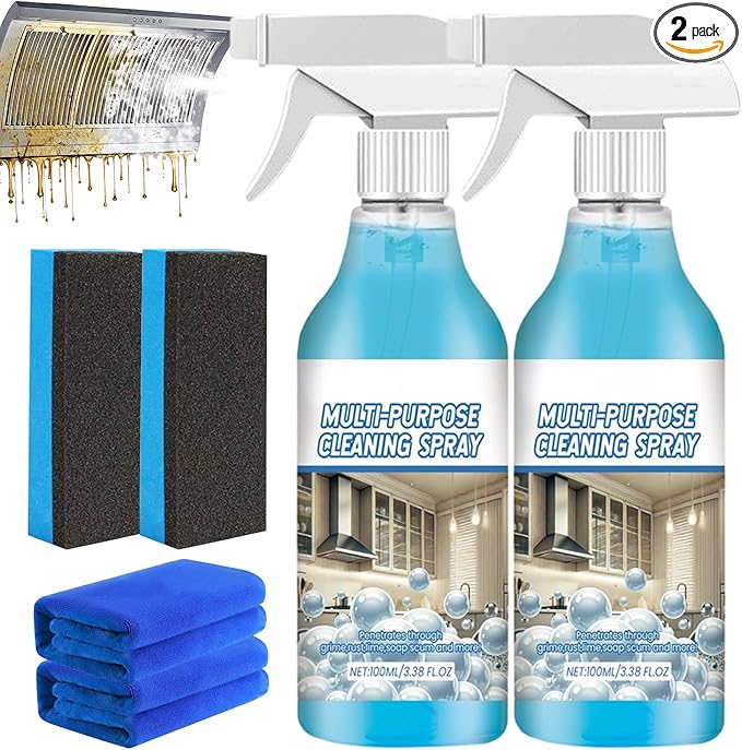 2Pcs Spray Splash Cleaner, New Multi-Purpose Handheld Degreaser for Kitchen, Powerful Splash Spray Oven Cleaner, Upgraded Cleaning Spray for Home, Convenient Grime Remover Sprays with Towel+Sponge