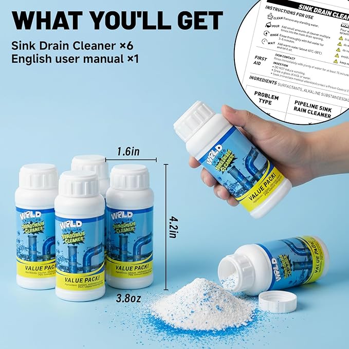 Drain Cleaner Powder, Wild Tornado Sink and Drain Cleaner, Powerful Pipeline Dredging Agent, Kitchen Unblocker, Cleaner Powder for Kitchen Toilet (6Pcs)