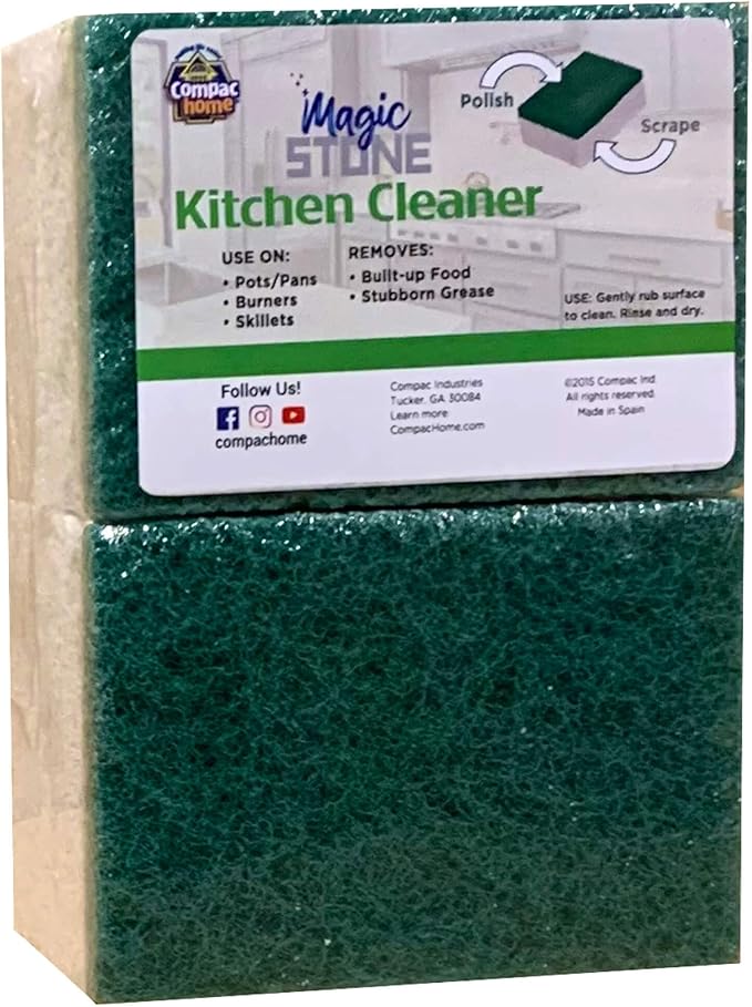 Compac Home Magic-Stone Kitchen Cleaner Scrub - 2-Sided Scouring Brick/Sponge, Easily Removes Stubborn Grime, Grease, Food from Oven Trays, Pans, Cookie Sheets, 2 Count