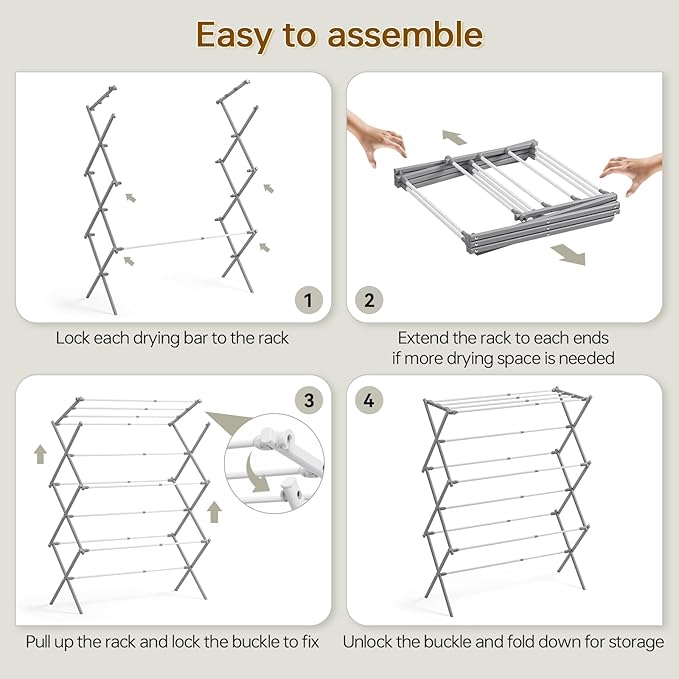 KINGBOARD Clothes Drying Rack, Collapsible Drying Rack Clothing with 11 Poles, 3-Tier Laundry Drying Rack, Small Clothes Drying Rack Foldable for Baby Clothes Sock Towel, 25lb Capacity, White & Grey