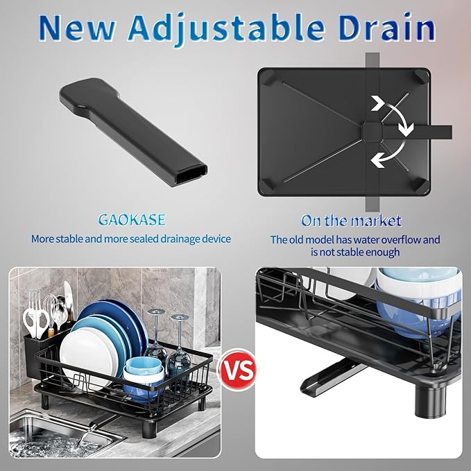 Dish Drying Rack, Stainless Steel-Dish Rack, Dish Racks for Kitchen Counter, Kitchen Dish Drainers with Removable Utensil Holder,New drain outlet,Plate Rack and Drainboard,(Black-11" W x 15" L)