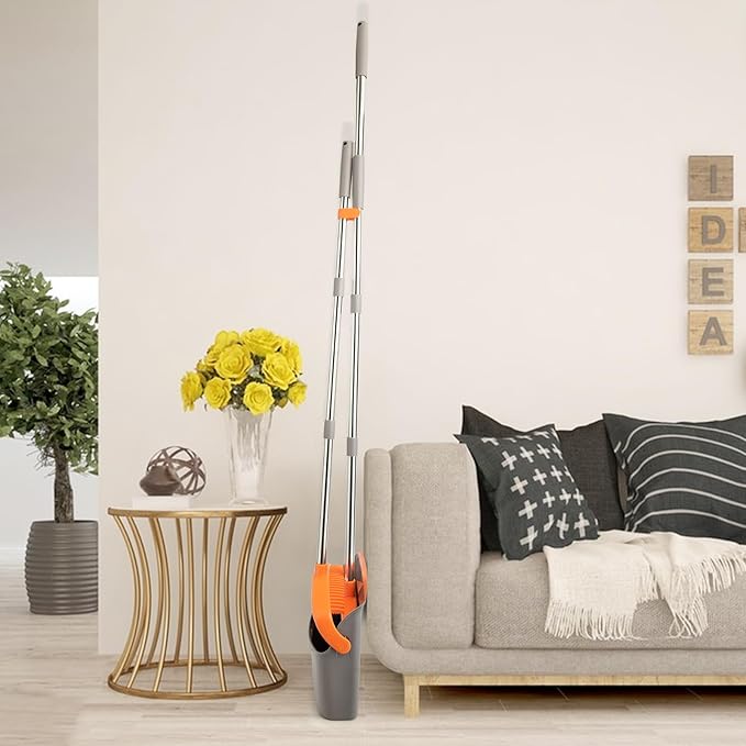 2-Pack Broom and Dustpan Set with Long Handle, Heavy Dust Broom and Dustpan Combo for Home，Kitchen, Office, Pet Hair(Gray Orange)