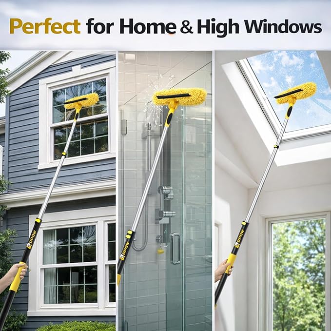 18FT High Reach Window Squeegee with Extension Pole, 2 in 1 Window Washing Kit with 3-Stage Telescopic Pole & Rotatable Head, No-Ladder Window Cleaner for High Window, Solar Panel, RV & Outdoor Glass