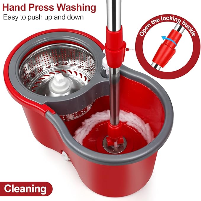 Spin Mop and Bucket with Wringer Set, 360° Spinning Mop Bucket System with 3 Microfiber Mop Replacement Heads, Adjustable Handle for Floor Cleaning (red)