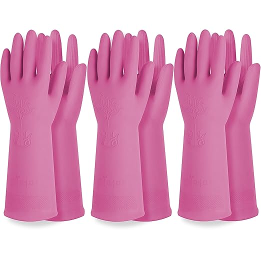 Reusable Waterproof Household Dishwashing Cleaning Rubber Gloves, Non-Slip Kitchen Glove (Pink, Small (Pack of 3))