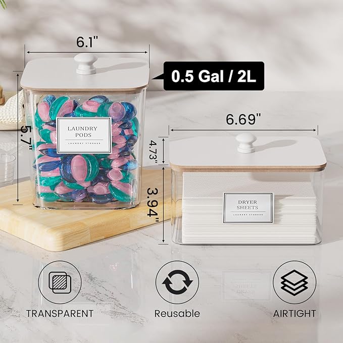 Laundry Pods Storage Container, Clear Laundry Room Organization and Storage,Detergent Powder Container,with Wooden Lids & Labels, 3+1 Pack（White）