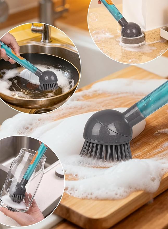 Soap Dispensing Dish Brush Storage Set with 360° Rotating Head, Kitchen Brush with 2 PCS Different Brush Heads & 3 PCS Sponges, Dish Brush Set with Handle for Dishes, Sink, Pans, Pots