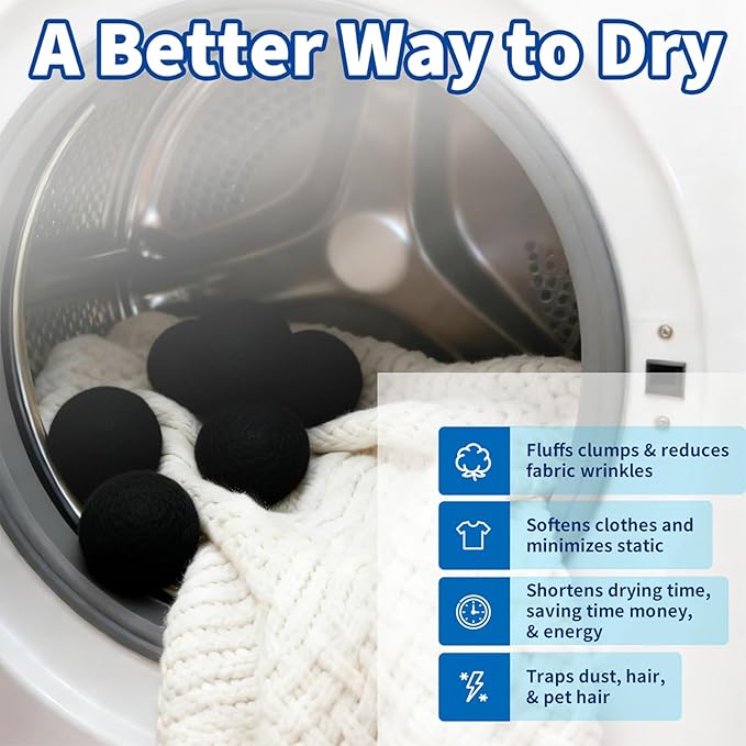 Wool Dryer Balls, New Zealand Dryer Balls Laundry Reusable Reduce Static Cling, Dryer Ball to Reduce Wrinkles & Shorten Drying Time, Drying Balls for Laundry(Pack of 6) (Black)