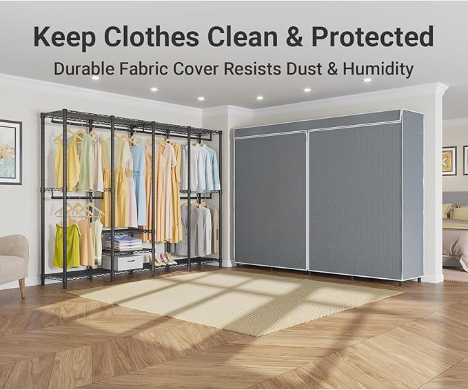 VIPEK V40C Covered Clothes Rack Heavy Duty Clothing Rack with Cover, Custom Freestanding Closet Portable Wardrobe Closet for Bedroom, Large Black Coset Rack with Grey Upgarded Polyester Cover