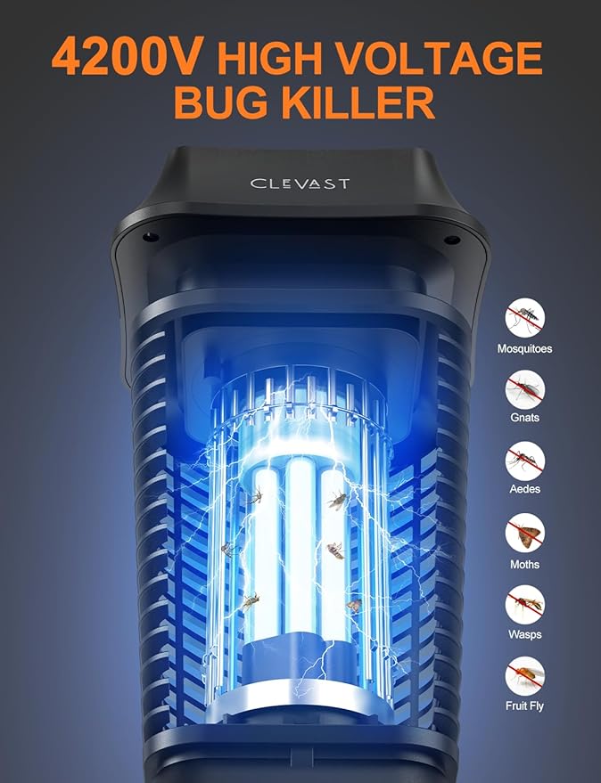 CLEVAST Bug Zapper Outdoor - Electric Mosquito Zapper Indoor, Fly Traps with UV Light, Waterproof Flying Killer 4200V Insects Lamp for Patio, Yard, Garden, Porch