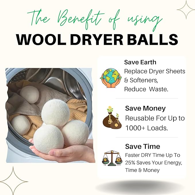 Wool Dryer Balls – 100% New Zealand Wool, Reduces Drying Time, Softens Laundry&Removes Wrinkles, Alternative to Plastic Balls & Natural Fabric Softener, Reusable Eco-Friendly Dryer Balls(Pack of 6 XL)