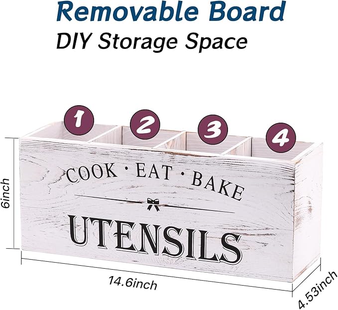 Kitchen Utensil Holder for Counter or Countertop, Extra Large Wood Organizer with 4 Compartments, Wooden Storage for Cooking and Silverware, Rustic Minimalist Decor, Sturdy Utensil Crock-White