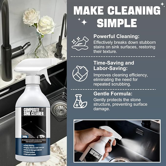 Granite Cleaner and Sealer for Granite Ceramic, Natural Stone Sinks, Restores Shine, Waterproof, All-in-One Cleaning Included 300g Granite Cleaner, 200ml Granite Sealer, 2 Sponges & Microfiber Cloth
