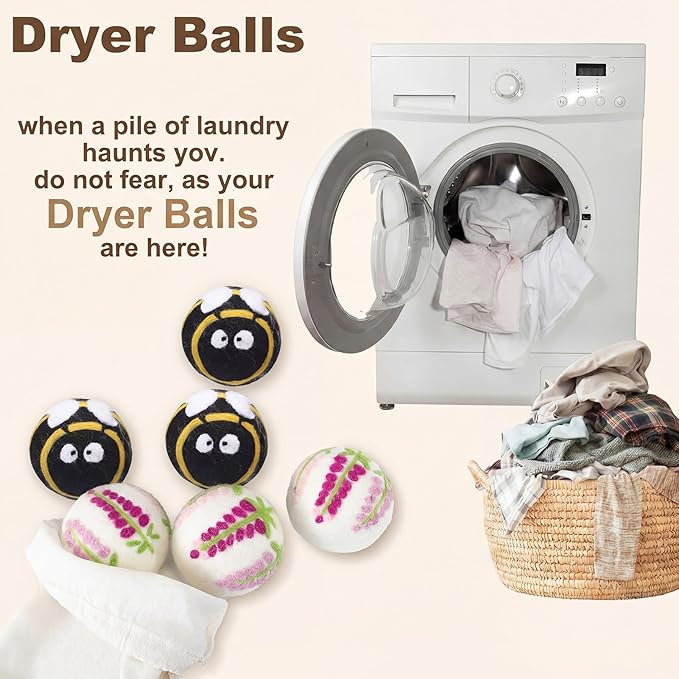 Soulchen 6 Pack Reusable Wool Dryer Balls with Cute Design, Laundry Accessories for Efficient Drying Soften Laundry Reduce Wrinkles Static Pet Hair Remover (Bee Flower)