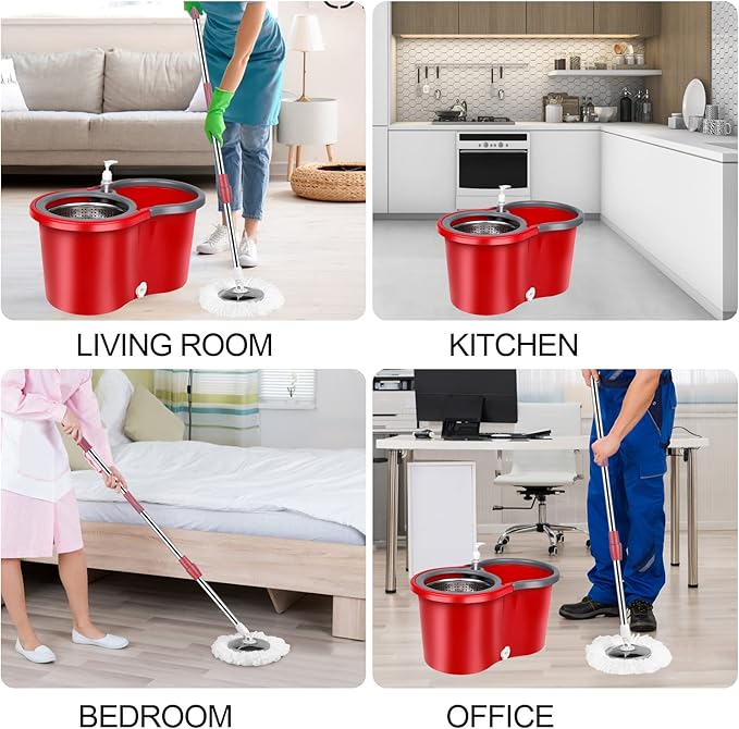 Spin Mop and Bucket with Wringer Set, 360° Spinning Mop Bucket System with 3 Microfiber Mop Replacement Heads, Adjustable Handle for Floor Cleaning (red)