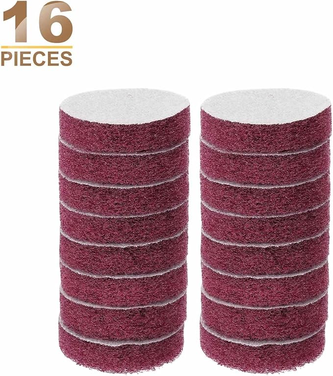 HARFINGTON 16pcs Scrubber Scouring Pads 400 Grits 2 Inch Drill Power Brush Hoop and Loop Surface Conditioning Disc Drill Scuffing Disc Scrub Pads for Home Kitchen Cleaning, Red
