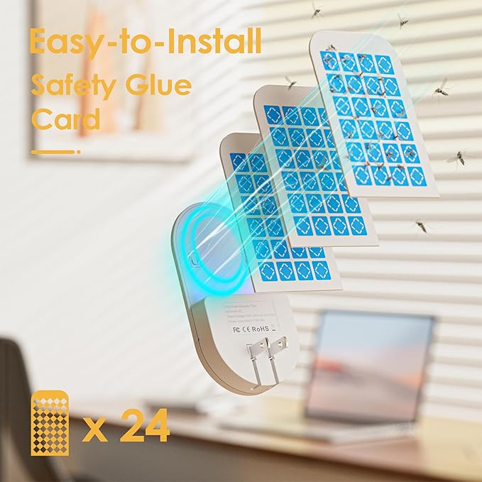 Flying Insect Trap, 2 in 1 Indoor Plug-in Fruit Fly Trap, 4 Trap White and 24 Glue Cards, Fruit Fly Traps for Gnat, Moth, Mosquito, Suitable for Every Part of The Home