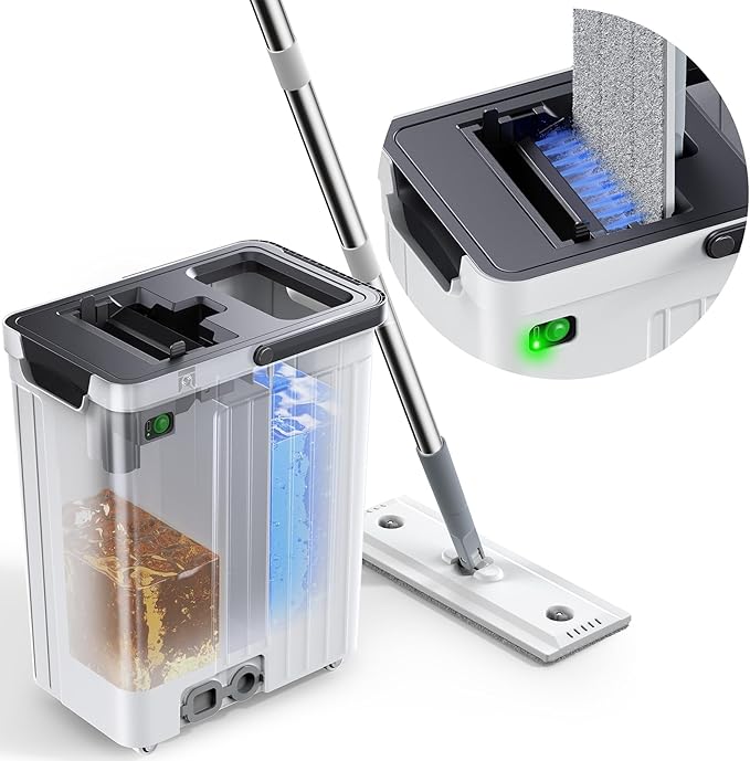 Mop and Bucket Set | Auto-Spray Cleaning | Dirty Water Separation Keep Water Fresh | Flat Mop & Bucket with Scraper | 3X Washable Pads | Mops for Floor Cleaning All Floors Tile Wall Window