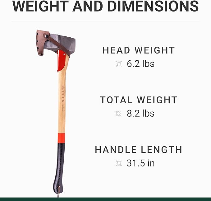 Adler Super Splitter - German Made, Wood & Rounds Splitting Axe with Hollow-Forge Design, 31.5" Hickory Handle with Anti-Slip Grip, 6.2 lb Head, Premium Leather Sheath