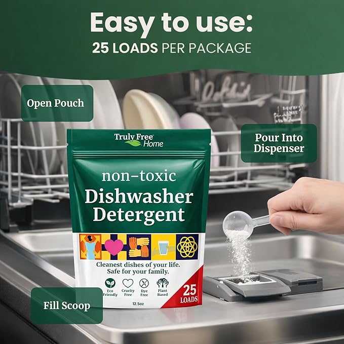 Truly Free Dishwasher Detergent Powder | Natural Dish Detergent, Dishwasher Soap | Plastic Free, Plant-Based, Clean, Heavy Duty Hard Water Stain & Grease Remover | Fragrance Free | 12.5 oz (Pack of 1)