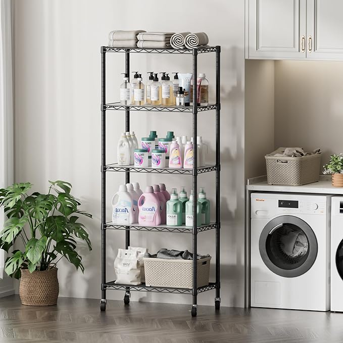 SINGAYE 5 Shelf Storage Wire Shelves Closet Bathroom Organizers Metal Pantry Kitchen Garage Shelving Unit Laundry Room Organization Home Narrow Rack Net Basket with Wheels Black
