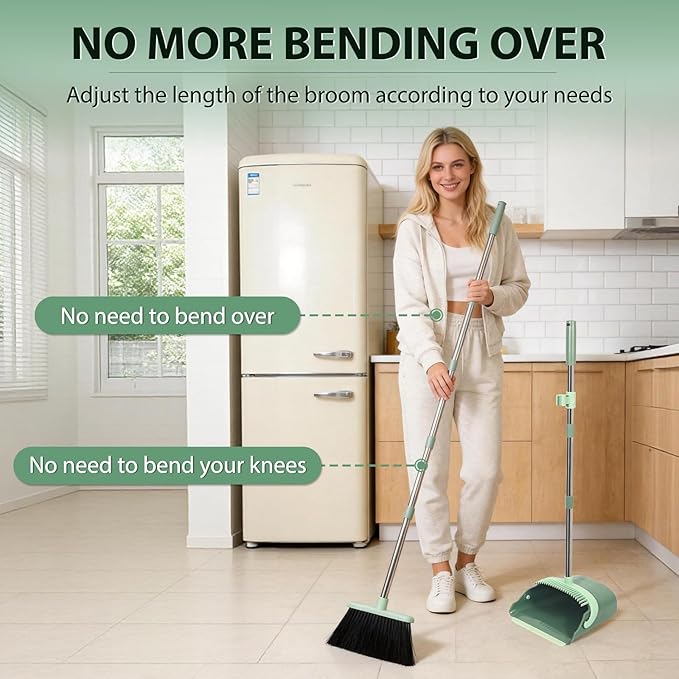 YZO Broom and Dustpan Set, 54.33 Inch Long Handle Standing Design, Dustpan Front Rubber Tight Seal, Broom with 5 Layer Bristles, Suitable for Living Room, Bedroom, Yard, Office and Apartment(Green)