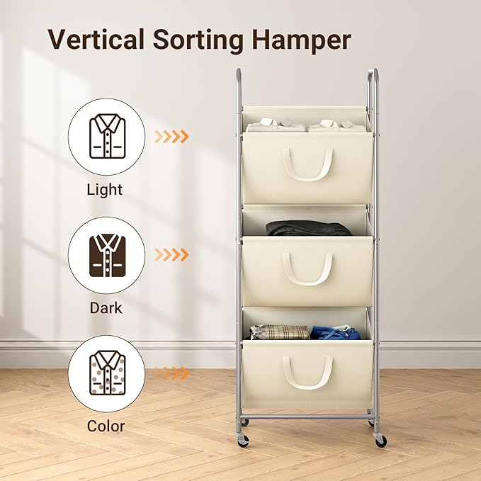 ELYKEN 120L Vertical Rolling Laundry Hamper with Removable Bags, 3 Section Laundry Baskets with Wheels, Space-Saving 3 Tier Laundry Sorter for Small Spaces, Dorm, Bedroom, Bathroom, Laundry Room
