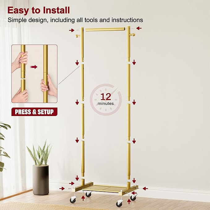 SLEEPING LAMB Small Clothes Racks for Hanging Clothes, Rolling Clothing Rack with Shelves, 60" Metal Garment Rack with Wheels Portable Wardrobe Rack for Small Space, Gold