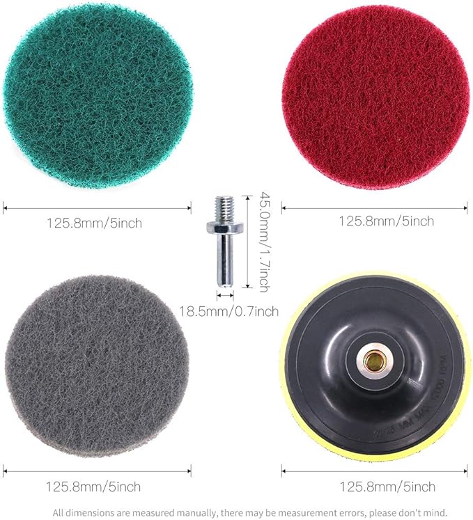 Glarks 16Pcs 5 Inch Drill Power Brush Tile Scrubber Scouring Pads Cleaning Kit with 5 Inch Disc Pad Holder for Bathroom & Kitchen Cleaning, 3 Different Stiffness (Red, Gray, Green)