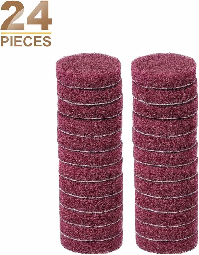 HARFINGTON 24pcs Scrubber Scouring Pads 400 Grits 2 Inch Drill Power Brush Hoop and Loop Surface Conditioning Disc Drill Scuffing Disc Scrub Pads for Home Kitchen Cleaning, Red
