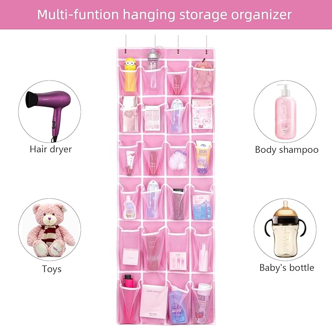 SAVERHO 2 Pack Hanging Shoe Organizer，Over Door Shoe Organizer with 24 Mesh Large Pockets Shoe Storage Bag for Sport Shoes Size:58x21 Inch Hanging Door Shoe Rack Organizer (Pink-2pack)